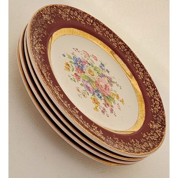 PLATES-BREAD-BUTTER-CENTURY BY SALEM-23K Gold Encrusted-Burgundy-Floral-Set of 4 - Picture 11 of 16